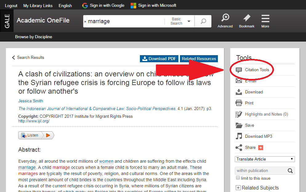 Academic OneFile citation tools