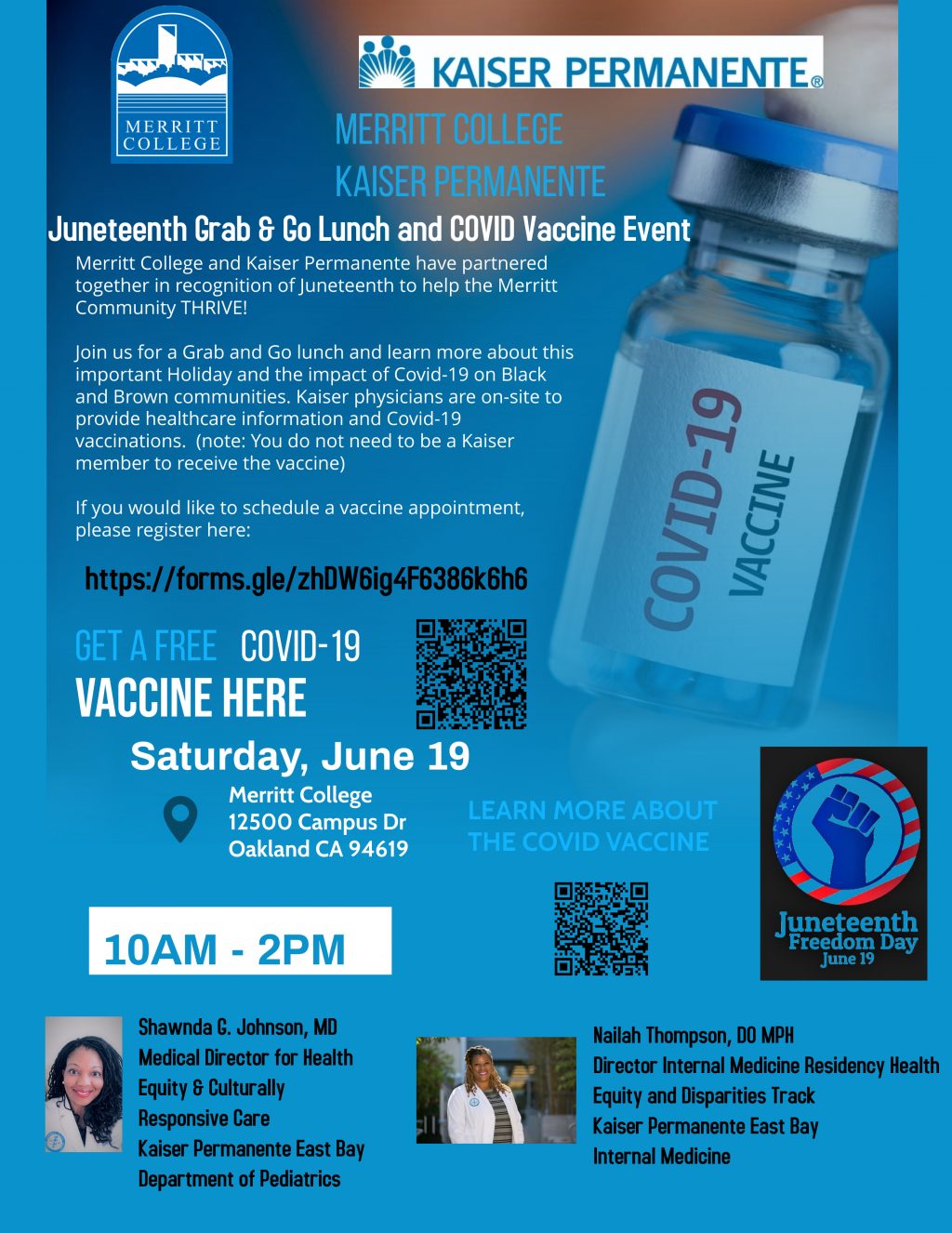 Merritt-Kaiser Covid Vaccination Registration Form Merritt College and Kaiser Permanente are partnering together to help students thrive! If you would like to receive your COVID-19 vaccine on Saturday June 19th at Merritt College, please complete the registration form below. You do not need to be a Kaiser Member to receive your vaccine. We will do our best to accommodate your first choice timeslot, but note this is not guaranteed. The deadline to submit this form is Wednesday, June 16th. You will receive an email confirming your vaccine appointment time slot two days prior to the event.